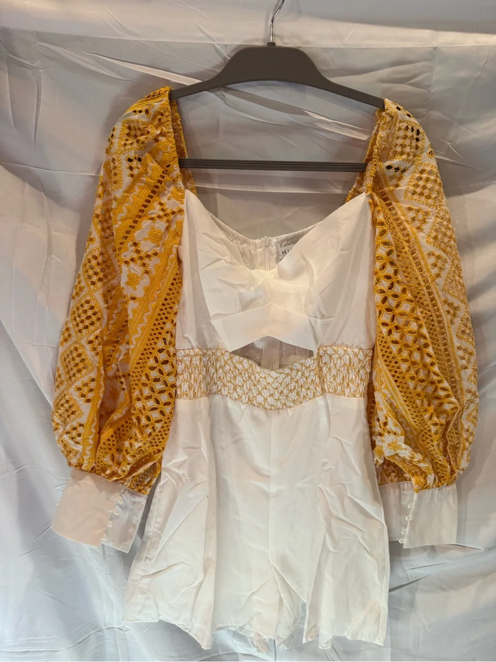 CHicways White Mini Boho Romper  with Yellow Embroidered Puff Sleeves
